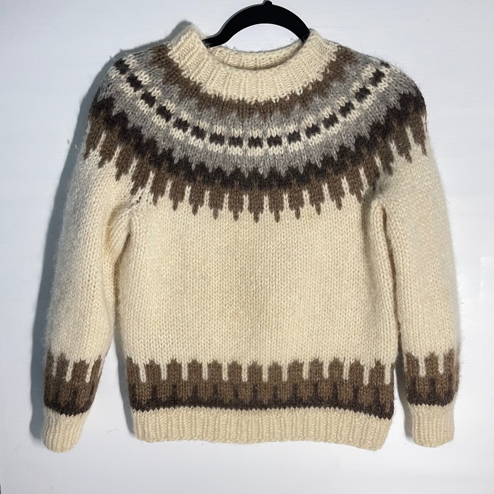 Vintage LL Bean Icelandic Wool Sweater Women Brown Nordic Fair Isle Pullover Ski